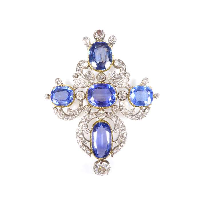 19th century cushion cut sapphire and diamond cluster cross pendant, c.1880, with five principal Ceylon sapphires in a cross formation,